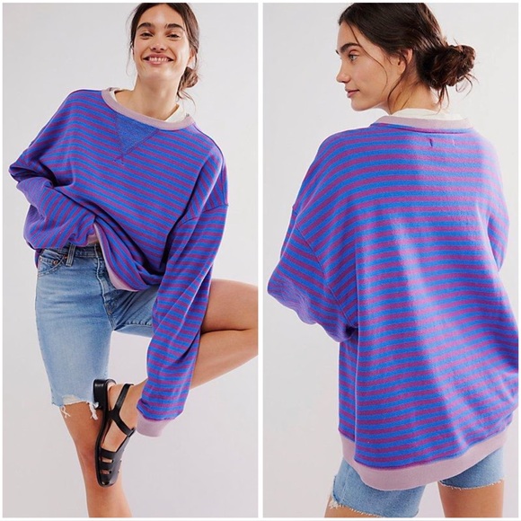 Free People Tops - Free People We The Free Classic Striped Oversized Crewneck Blue Combo Size Small